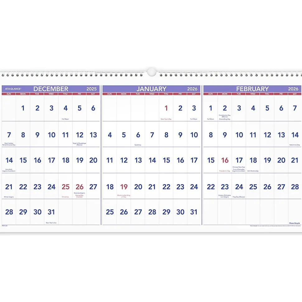 2024 -2026 AT-A-GLANCE 27" x 12" Three-Month Wall Calendar, White/Purple (PM14-28-25)
