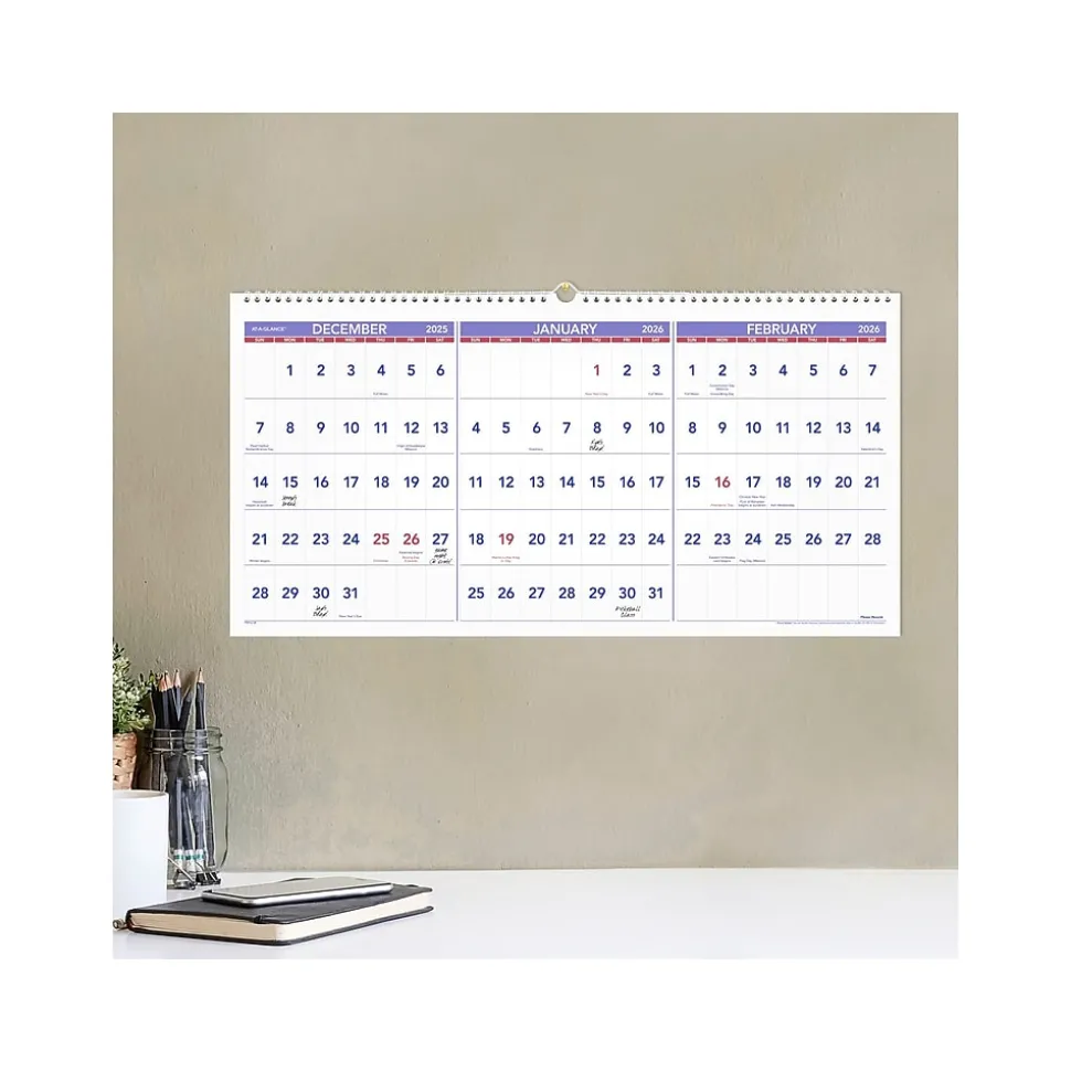 2024 -2026 AT-A-GLANCE 27" x 12" Three-Month Wall Calendar, White/Purple (PM14-28-25)