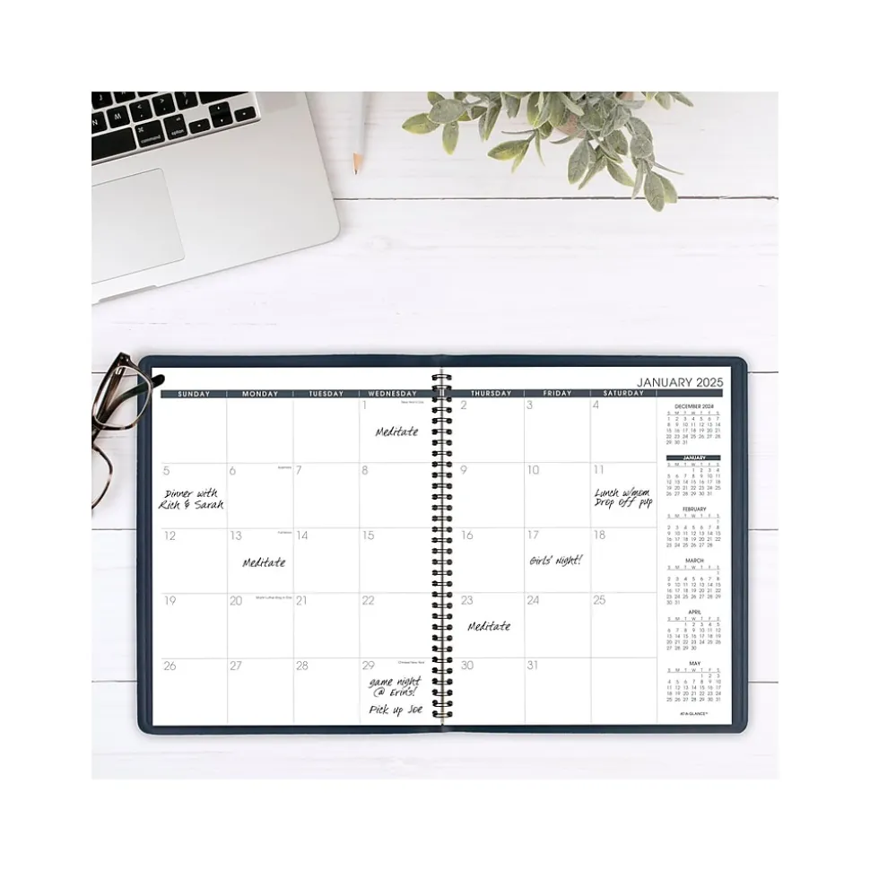 2025 AT-A-GLANCE 9" x 11" Calendar Year/Monthly Planner, Faux Leather Cover, Navy (70-260-20-25)