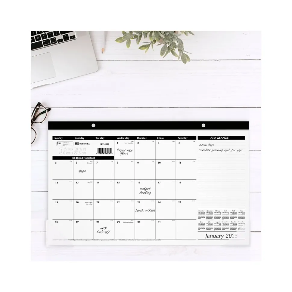 2025 AT-A-GLANCE 17.75" x 11" Monthly Desk Pad Calendar, White/Black (SK14-00-25)