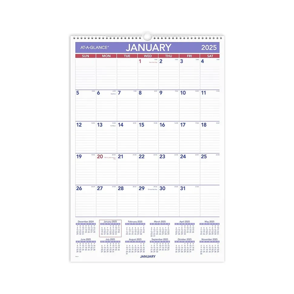 2025 AT-A-GLANCE 15.5" x 22.75" Monthly Wall Calendar, White/Purple (PM3-28-25)