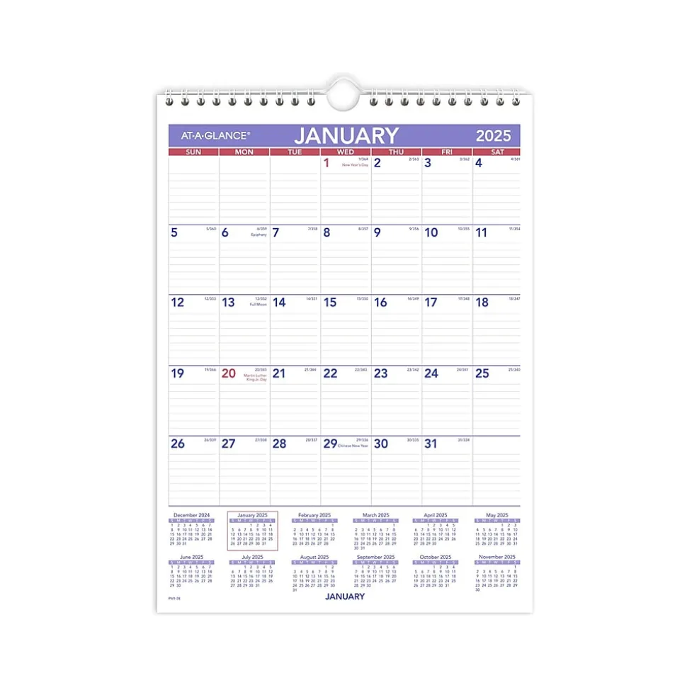 2025 AT-A-GLANCE 8" x 11" Monthly Wall Calendar, White/Purple (PM1-28-25)