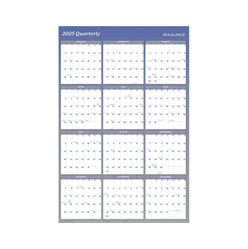 2025 AT-A-GLANCE 48" x 32" Yearly Dry Erase Wall Calendar, Reversible, White/Blue (A1152-25)
