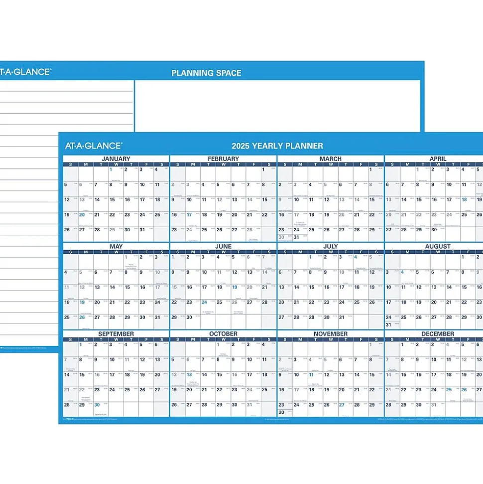 2025 AT-A-GLANCE 48" x 32" Yearly Dry Erase Wall Calendar, Reversible, White/Blue (PM300-28-25)
