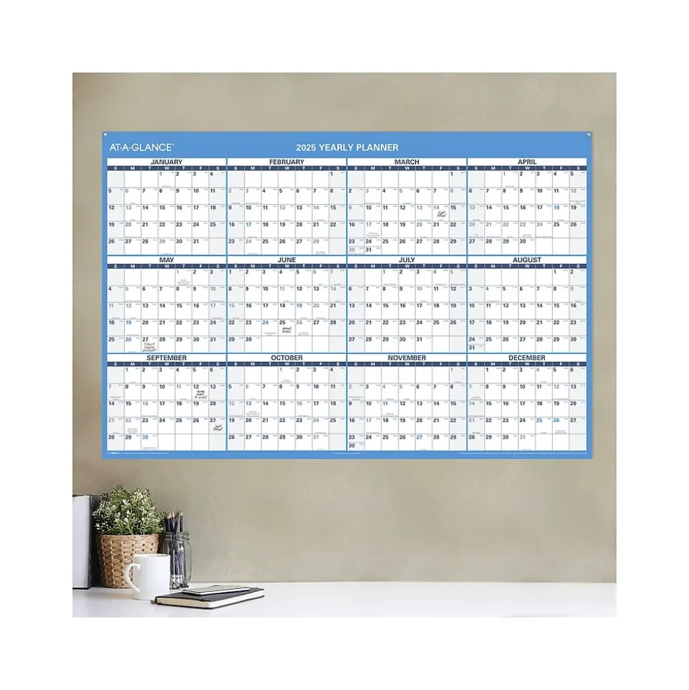 2025 AT-A-GLANCE 48" x 32" Yearly Dry Erase Wall Calendar, Reversible, White/Blue (PM300-28-25)
