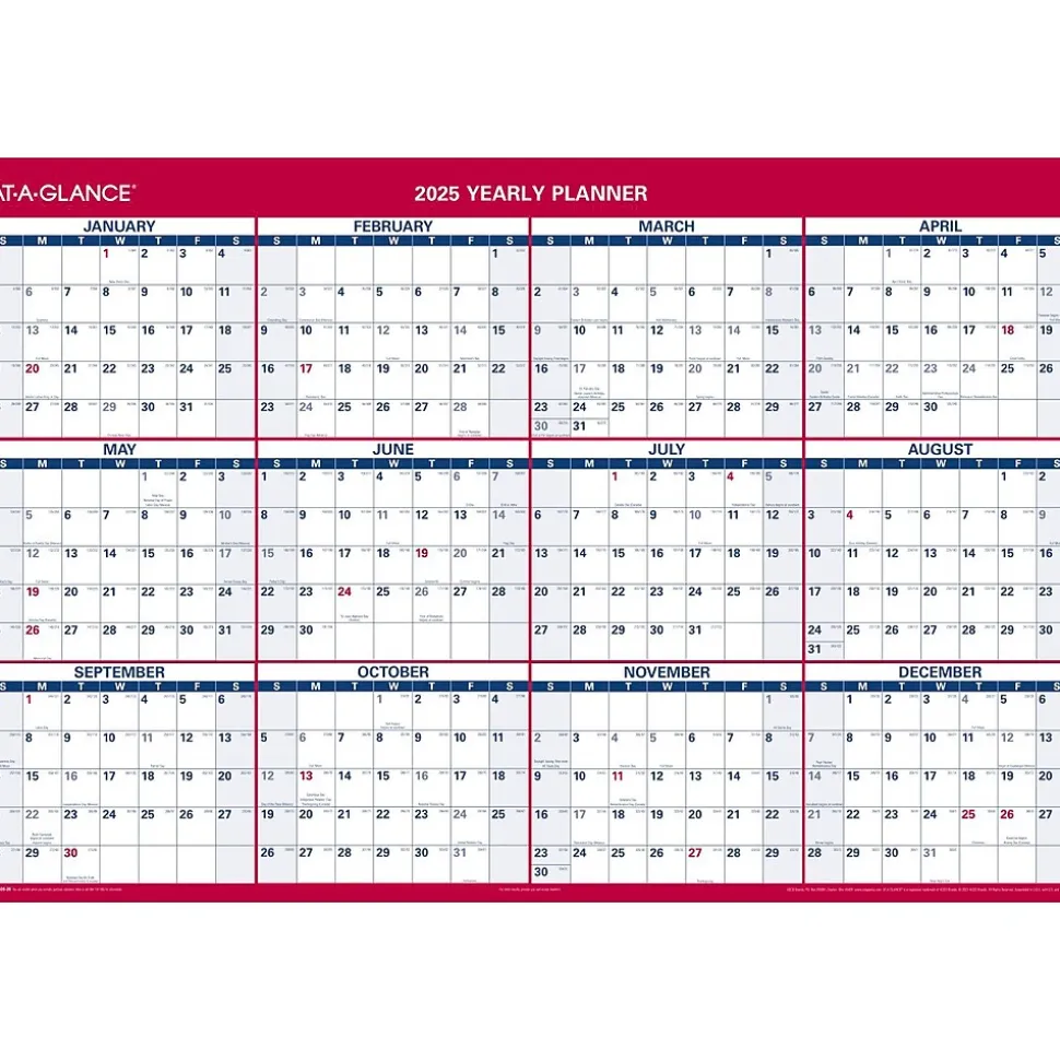 2025 AT-A-GLANCE 48" x 32" Yearly Dry Erase Wall Calendar, Reversible, White/Red (PM326-28-25)