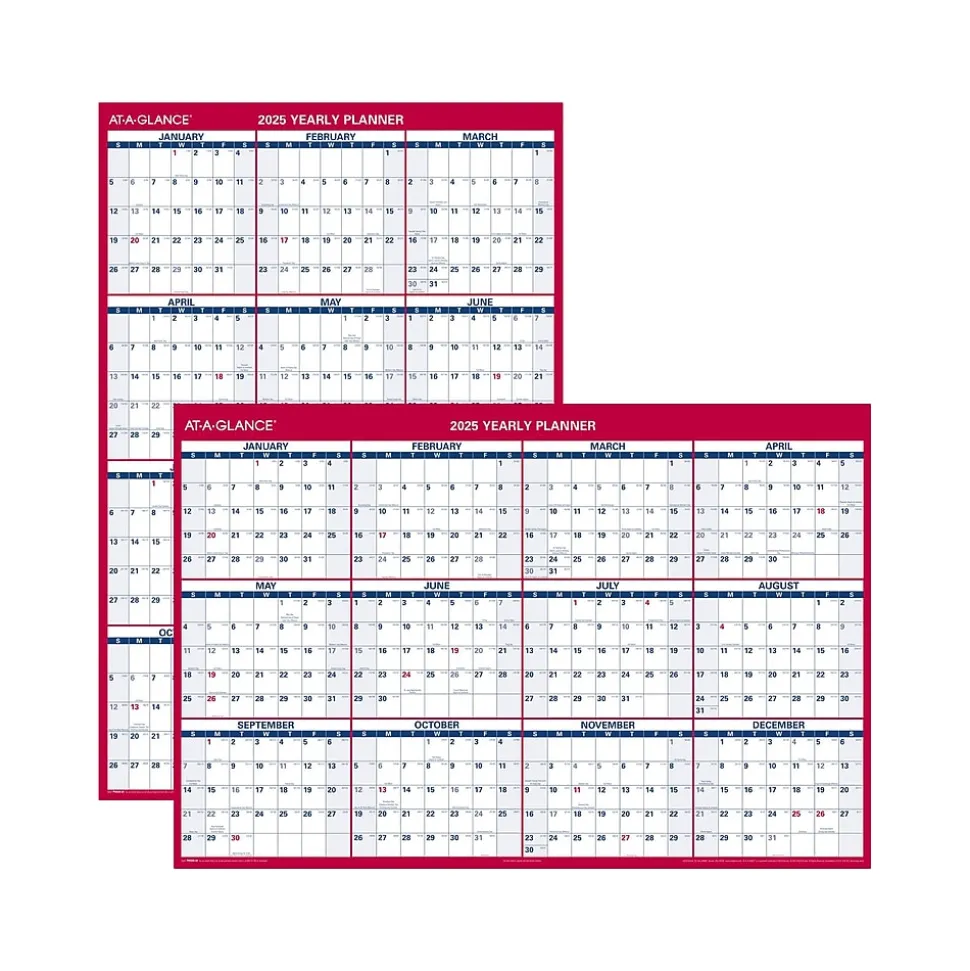 2025 AT-A-GLANCE 48" x 32" Yearly Dry Erase Wall Calendar, Reversible, White/Red (PM326-28-25)