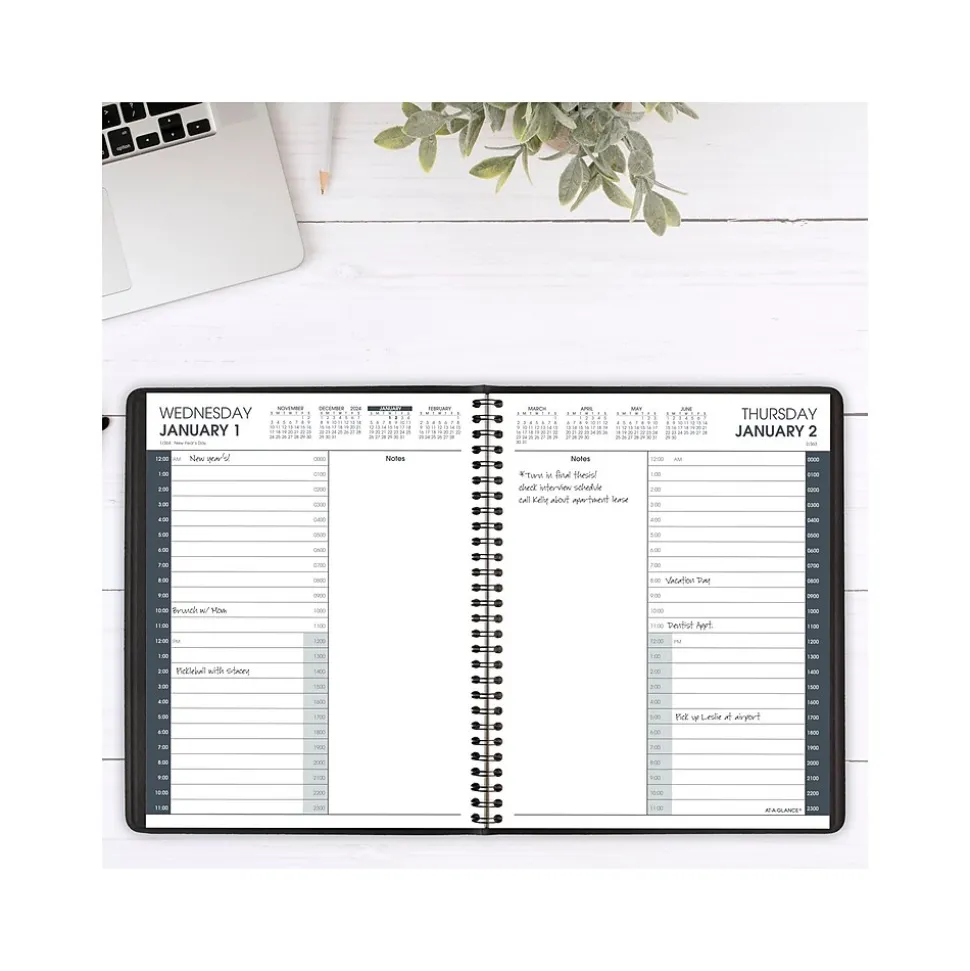 2025 AT-A-GLANCE 24-Hour 7" x 8.75" Daily Appointment Book Planner, Faux Leather Cover, Black (70-824-05-25)