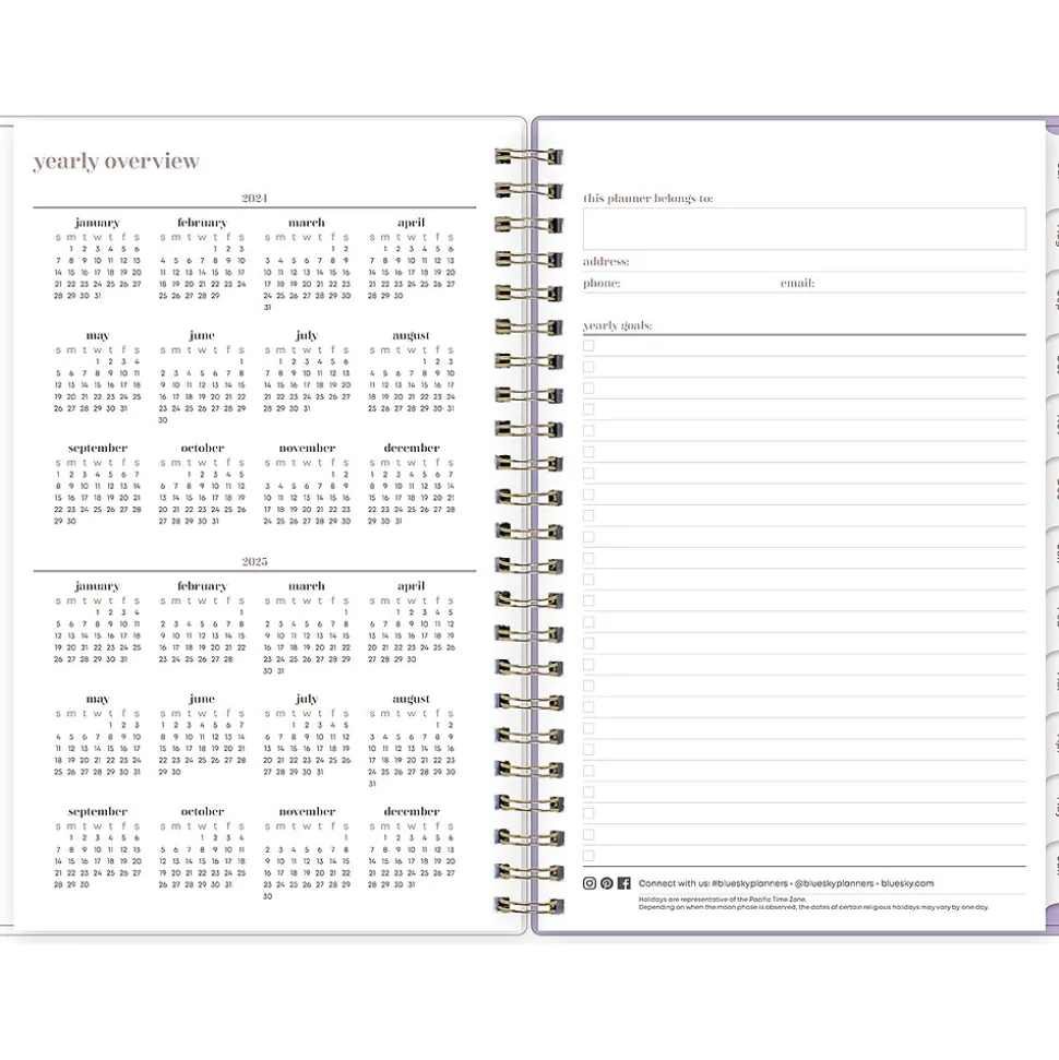 2024-2025 Blue Sky Belinda Selene Sienna Lilac 5" x 8" Academic Weekly & Monthly Planner, Plastic Cover, Purple/White