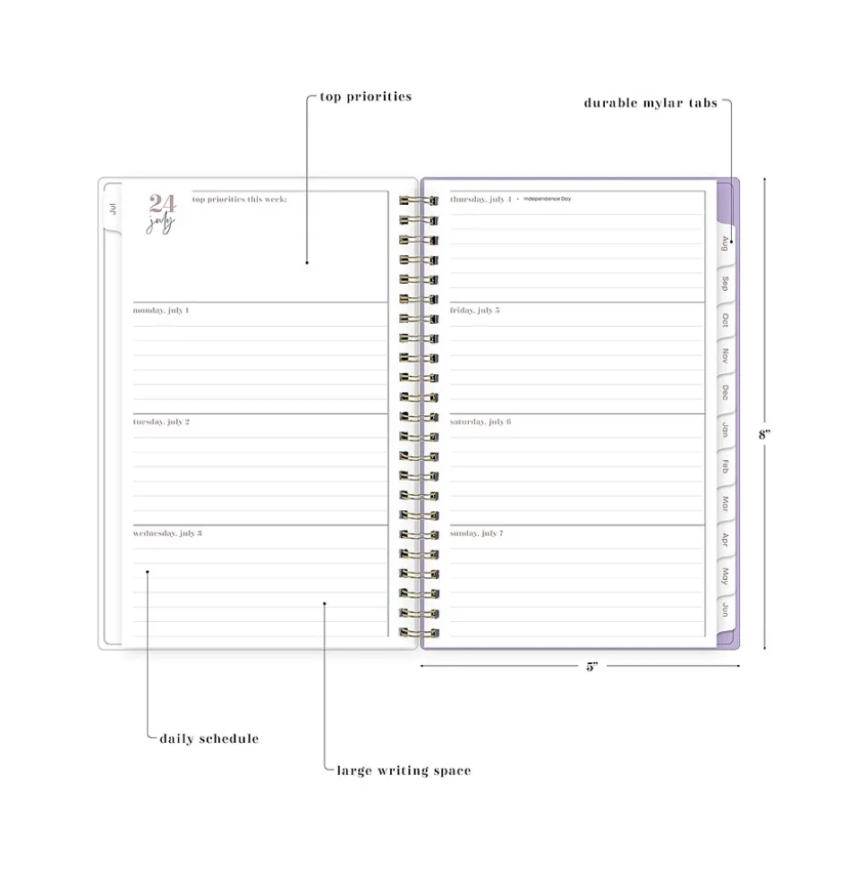 2024-2025 Blue Sky Belinda Selene Sienna Lilac 5" x 8" Academic Weekly & Monthly Planner, Plastic Cover, Purple/White