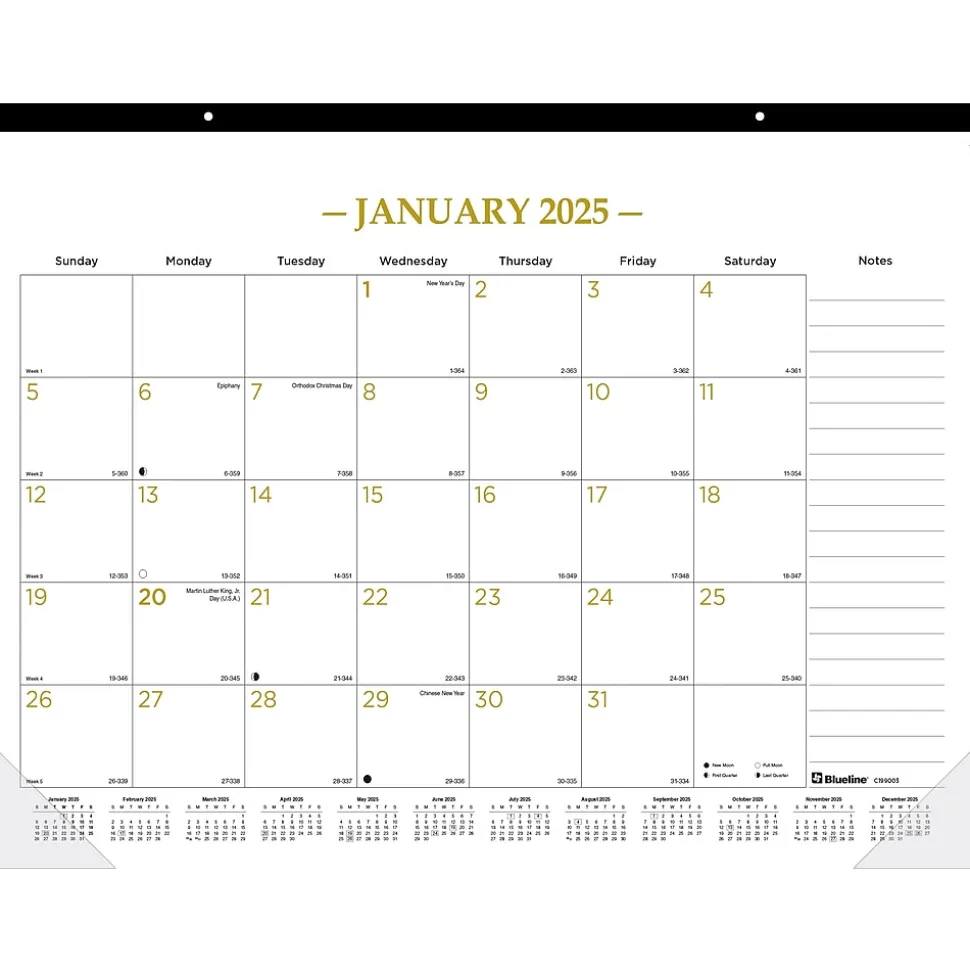 2025 Blueline Colorful 22" x 17" Monthly Desk Pad Calendar, White/Gold (100024-25)