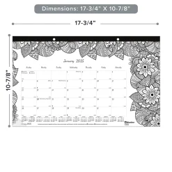 2025 Blueline DoodlePlan Botanica 17.75" x 10.88" Monthly Coloring Desk Pad Calendar, White/Black (C2917001)