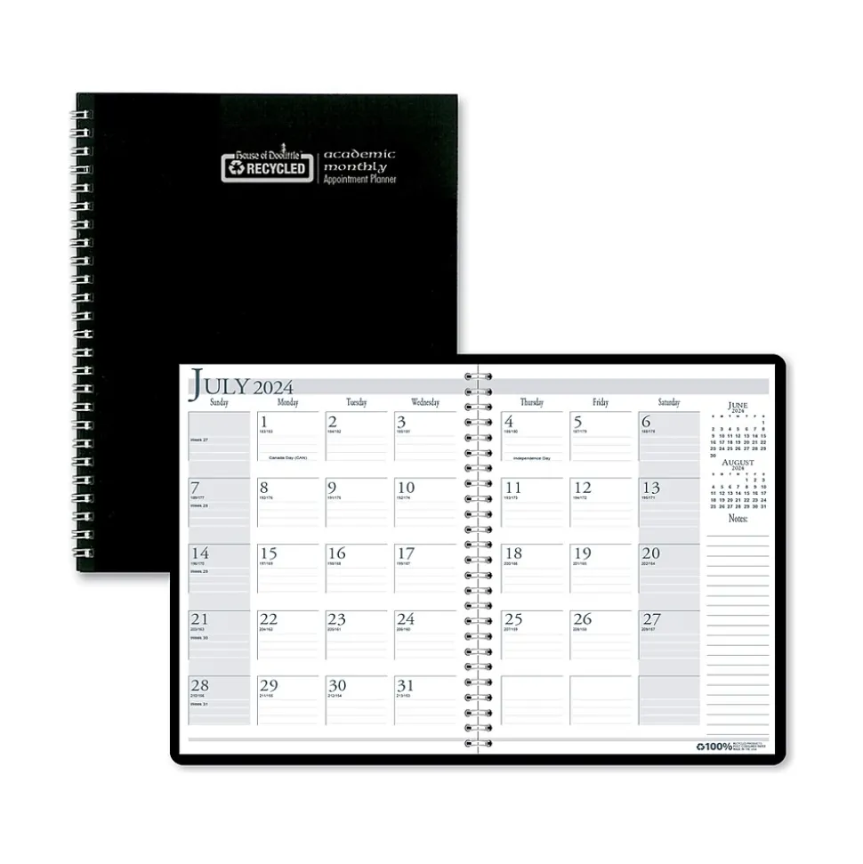 2024-2025 House of Doolittle 8.5" x 11" Academic Monthly Planner, Leatherette Cover, Black (26302-25)