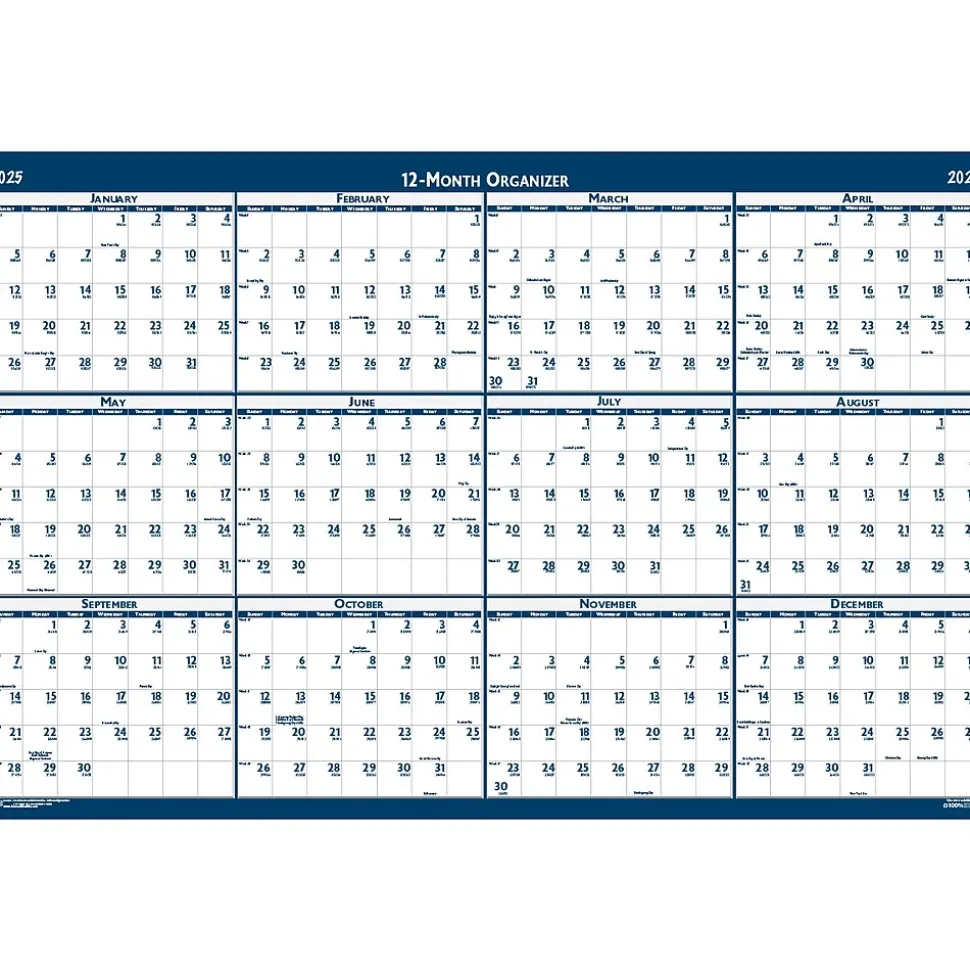 2025 House of Doolittle 24" x 18" Yearly Wet-Erase Wall Calendar, Reversible, White/Blue (3960-25)
