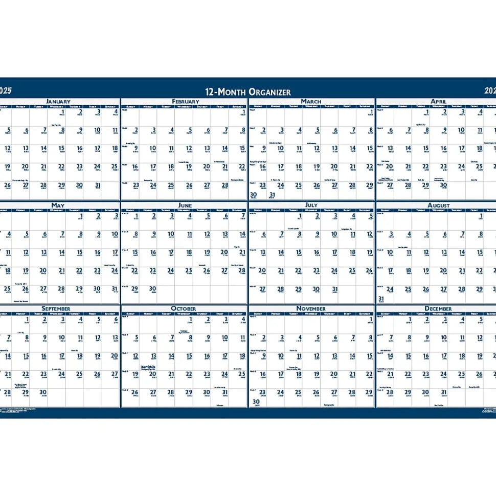 2025 House of Doolittle 37" x 24" Yearly Wet-Erase Wall Calendar, Reversible, White/Blue (396-25)