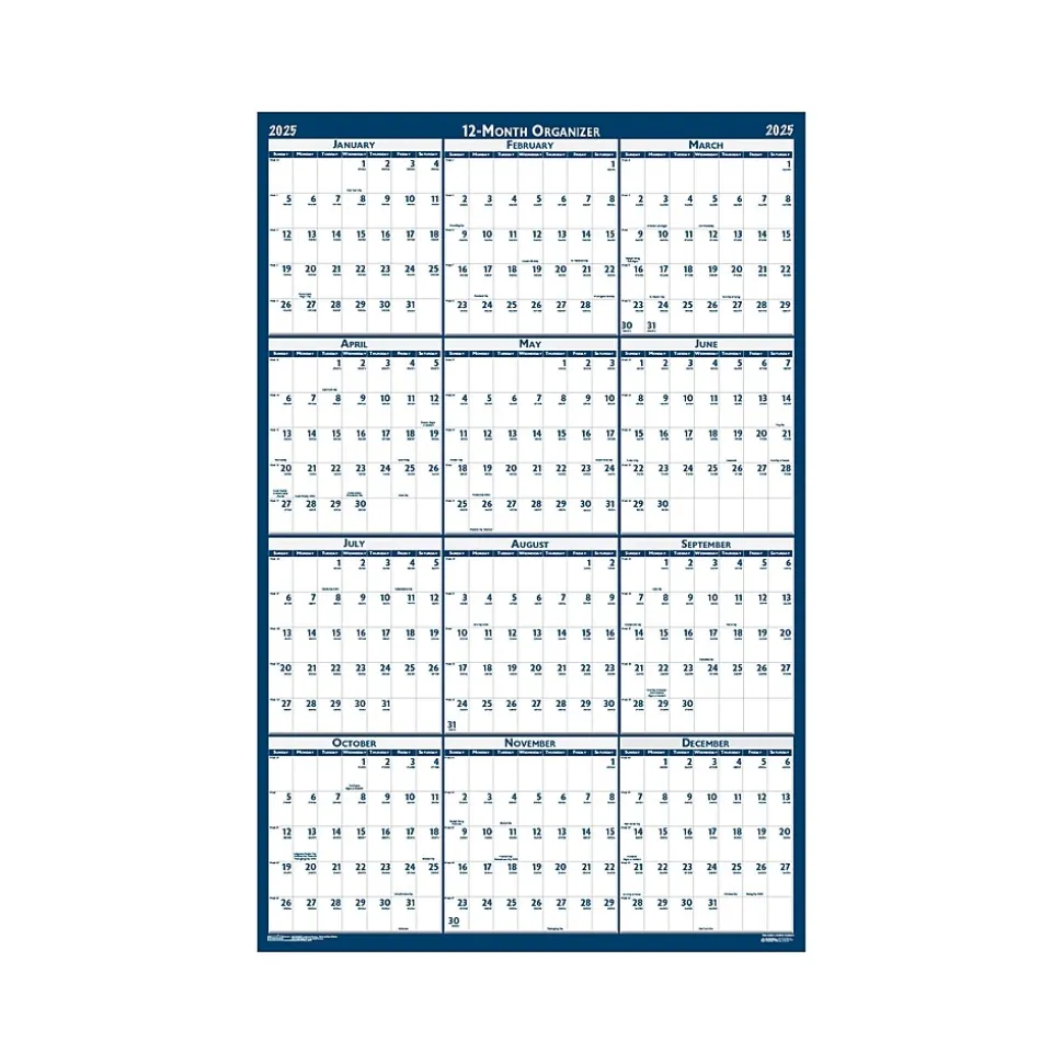 2025 House of Doolittle 66" x 33" Yearly Wet-Erase Wall Calendar, Reversible, White/Blue (3962-25)