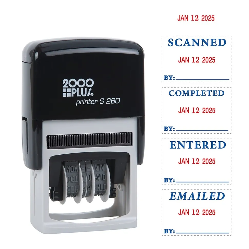 2000 Plus 4-in-1 Date Stamp, Scanned, Completed, Entered, Emailed, Blue and Red Ink (011098)