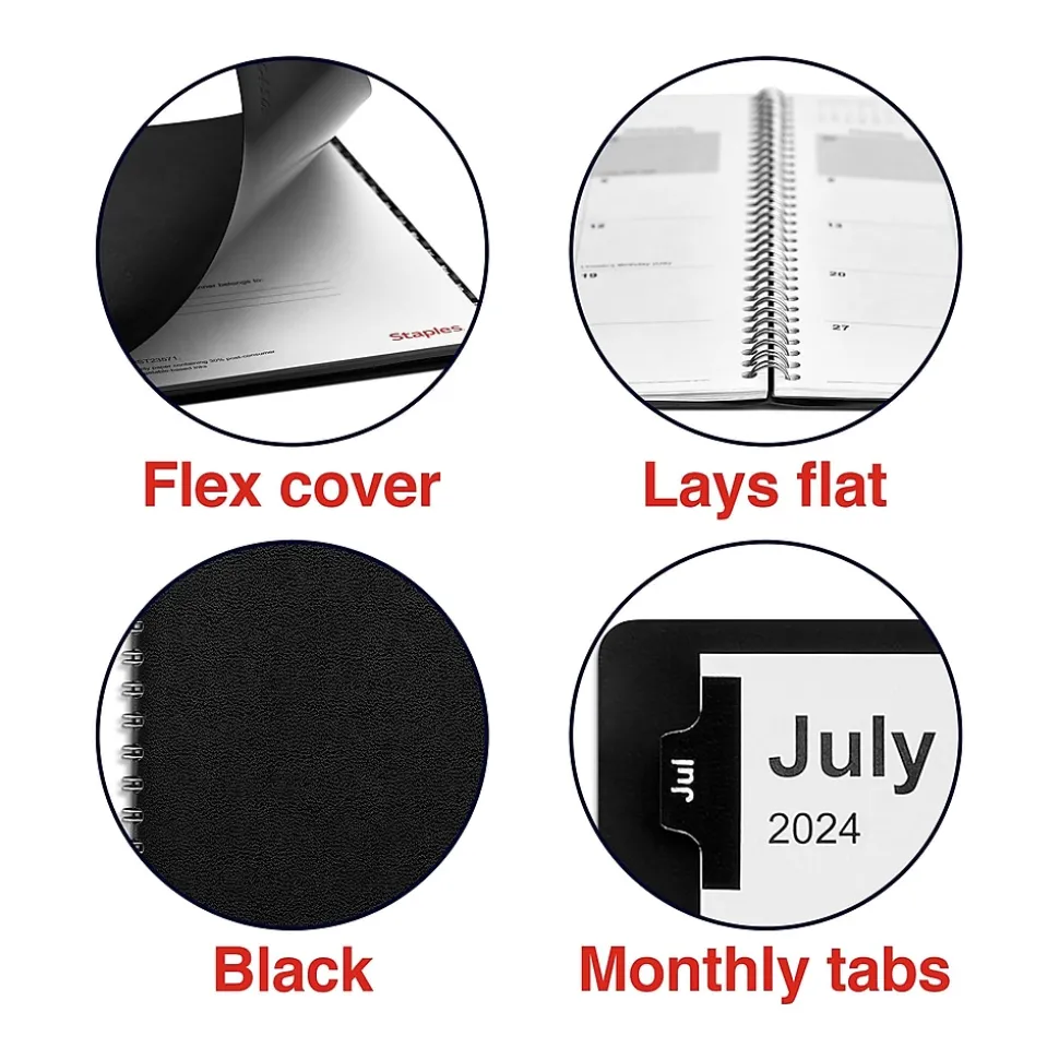 2024-2025 Staples 8" x 11" Academic Monthly Planner, Faux Leather Cover, Black (ST23571-23)