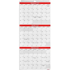 2025 Staples 12" x 27" Wall Calendar, Red/White (ST53920-25)