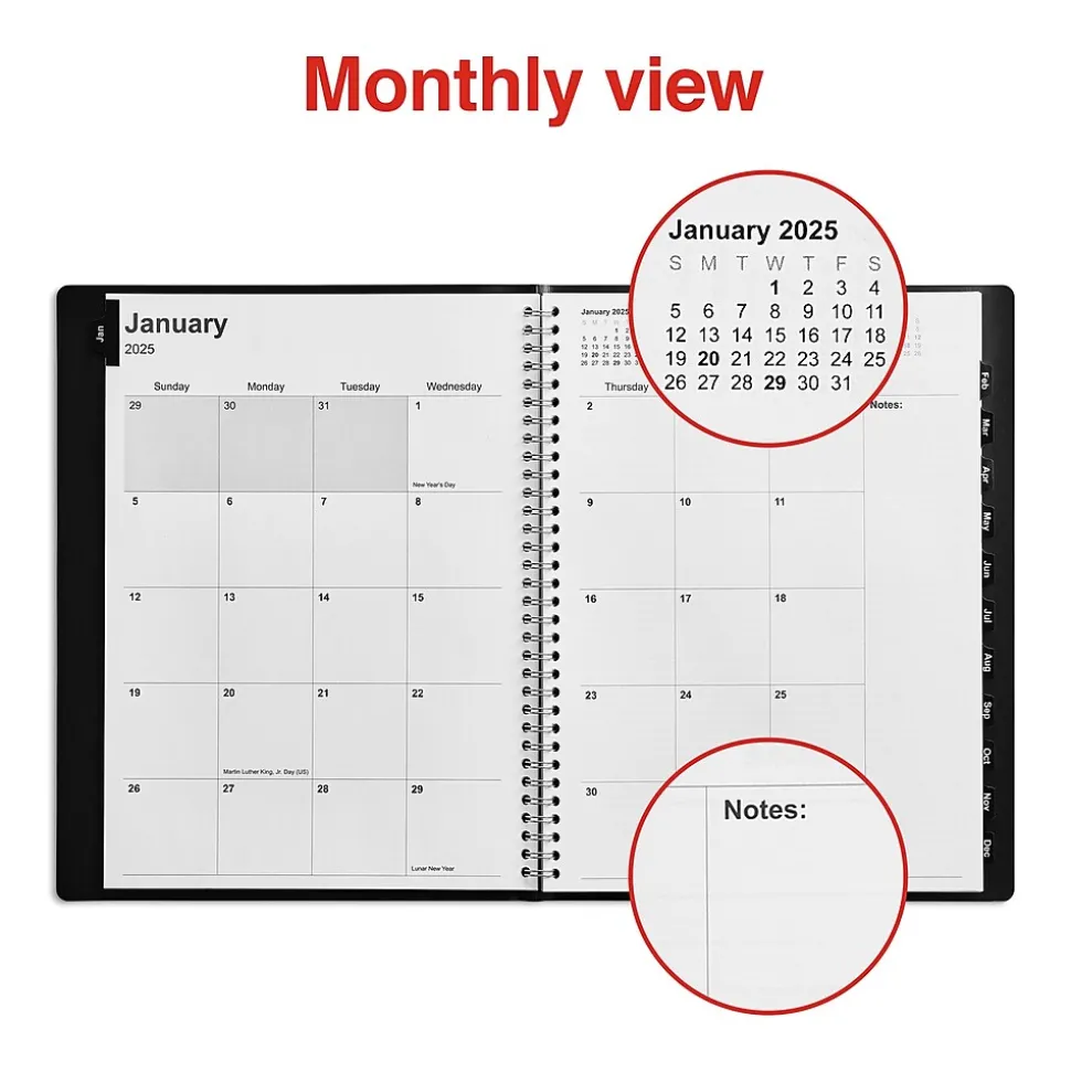 2025 Staples 8" x 11" Weekly & Monthly Appointment Book, Faux Leather Cover, Black (TR21494-25)