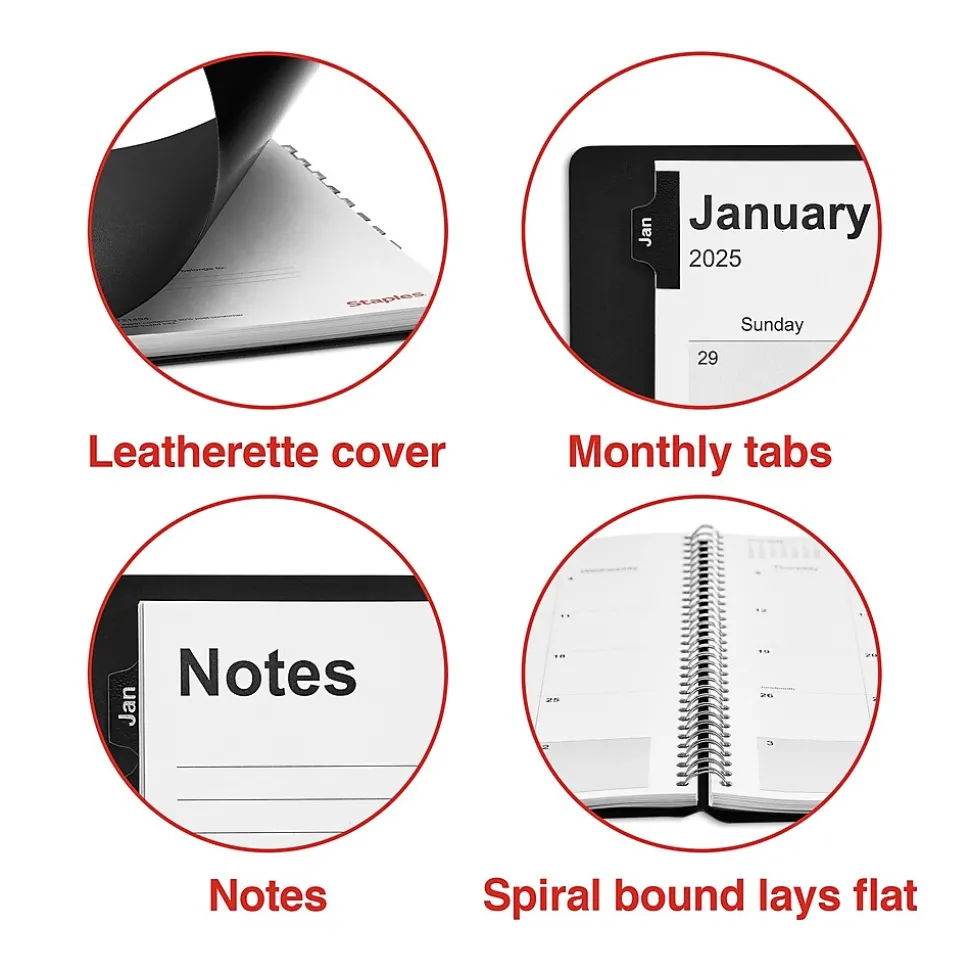 2025 Staples 8" x 11" Weekly & Monthly Appointment Book, Faux Leather Cover, Black (TR21494-25)
