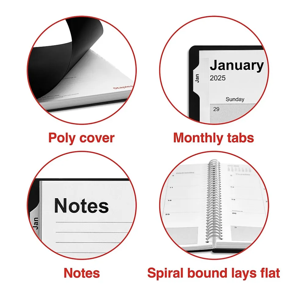 2025 Staples 8" x 11" Weekly & Monthly Appointment Book, Plastic Cover, Black (ST21488-25)