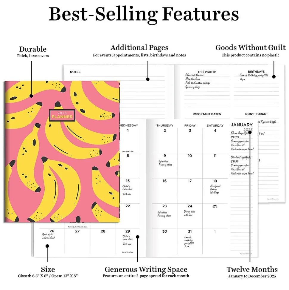 2025 TF Publishing 6.5" x 8" Monthly Planner, Paperboard Cover, This is Bananas (25-4216)
