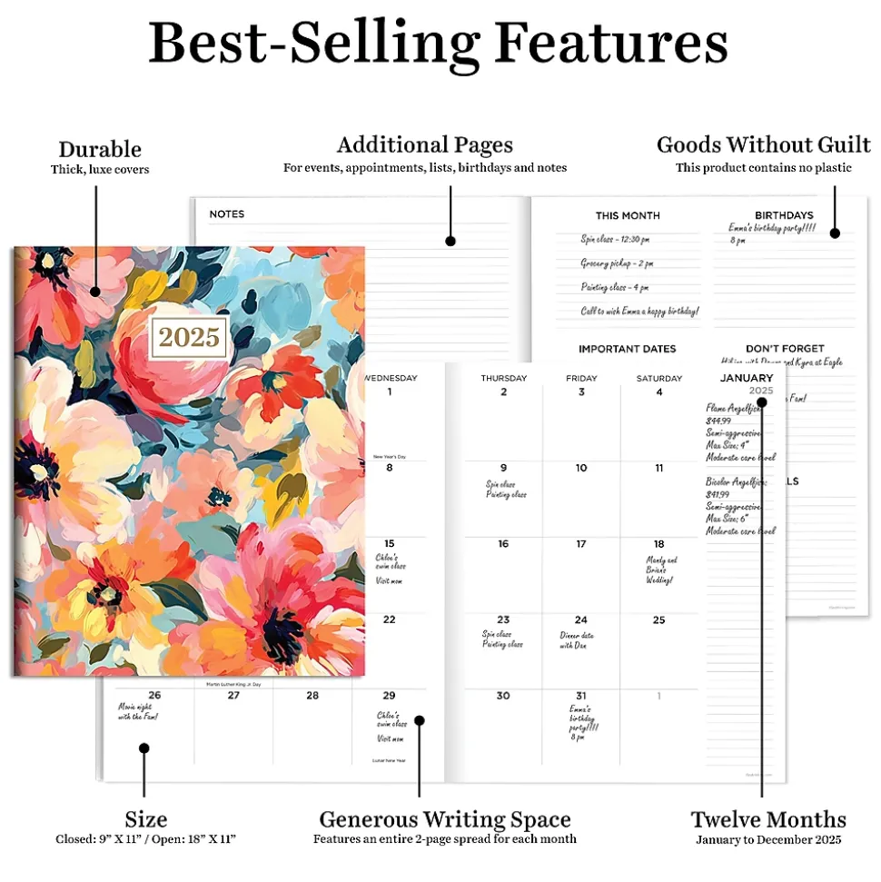 2025 TF Publishing 9" x 11" Monthly Planner, Paperboard Cover, Impressed Flowers (25-4708)