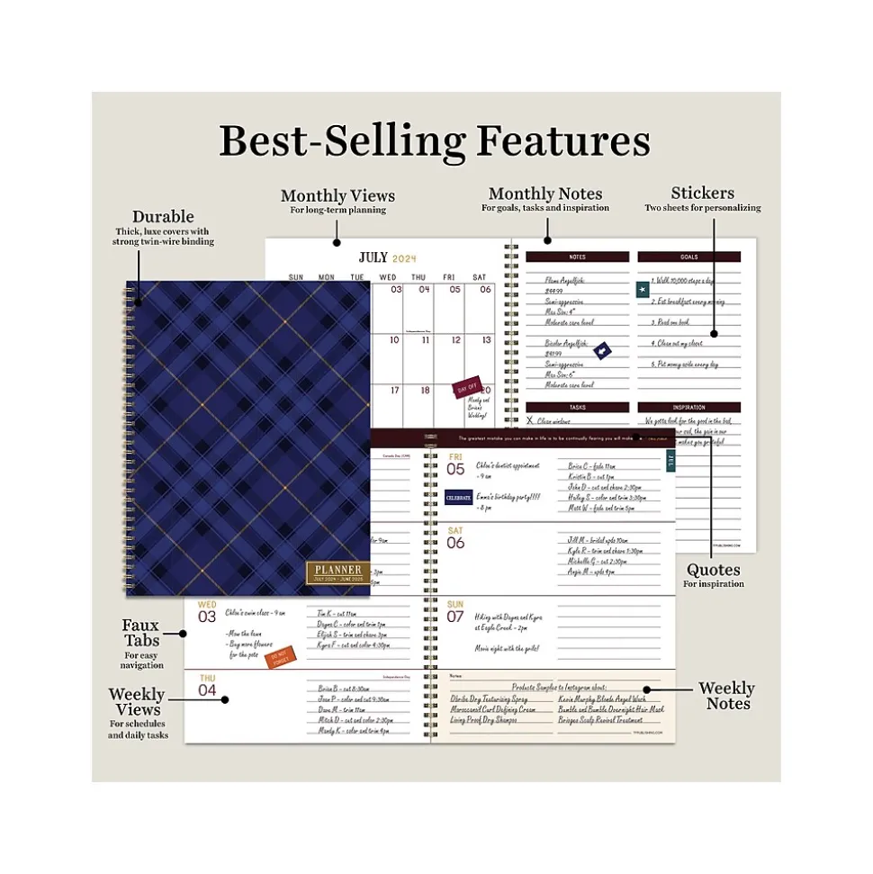 2024-2025 TF Publishing Bibliophile Series Royal Tartan 9" x 11" Academic Weekly & Monthly Planner, Paper Cover, Blue/Yellow