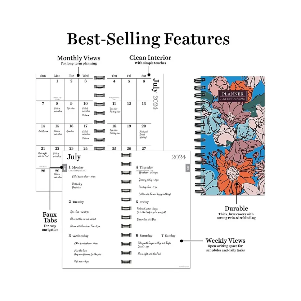 2024-2025 TF Publishing True Blue Flowers 3.5" x 6.5" Academic Weekly & Monthly Planner, Paperboard Cover, Multicolor