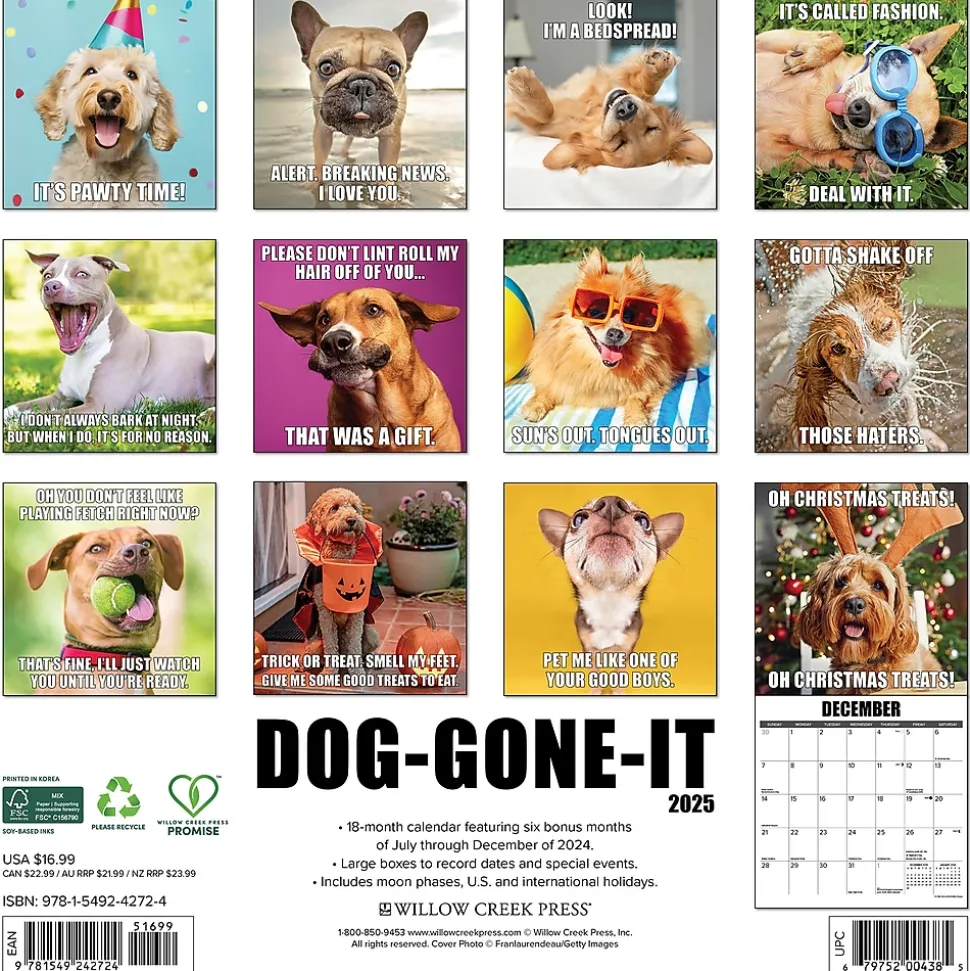 2025 Willow Creek Dog-Gone-It 12" x 12" Monthly Wall Calendar (42724)