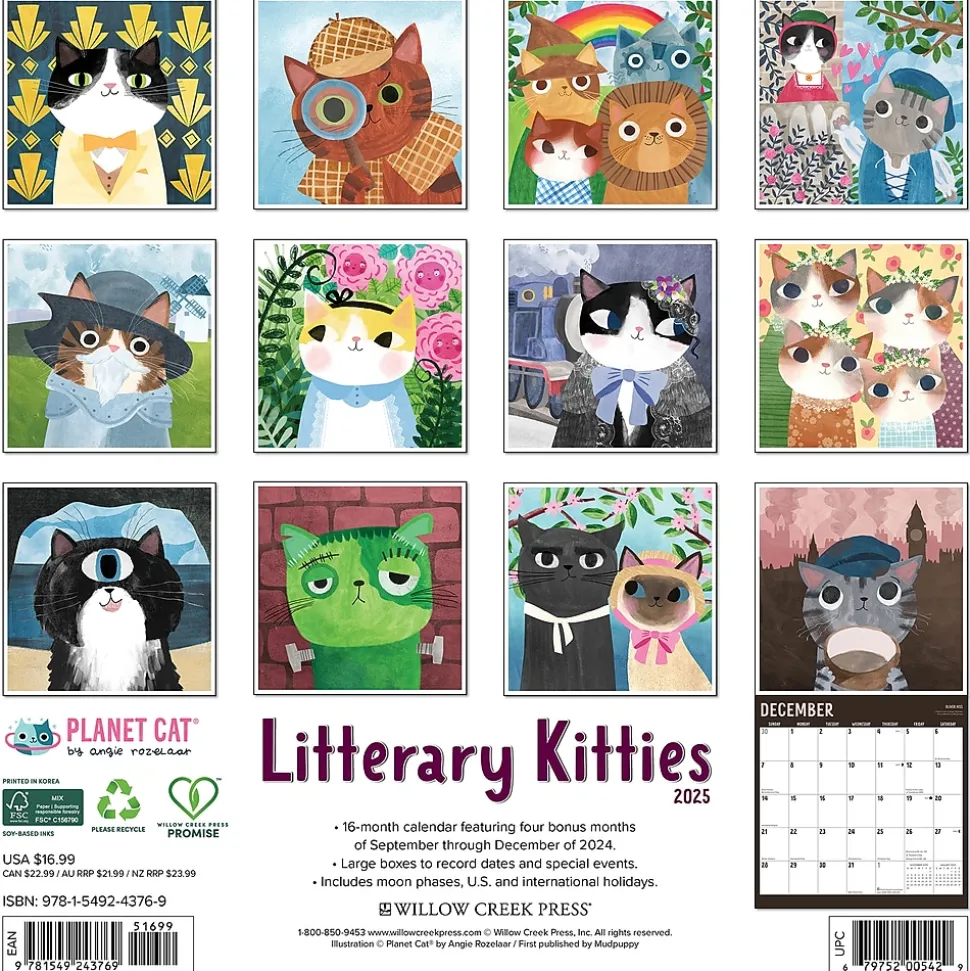 2025 Willow Creek Litterary Kitties 12" x 12" Monthly Wall Calendar (43769)