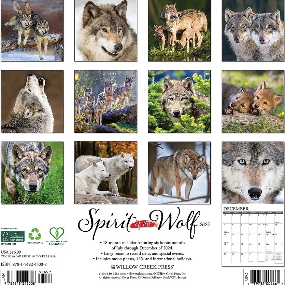 2025 Willow Creek Spirit of the Wolf 12" x 12" Monthly Wall Calendar (45008)