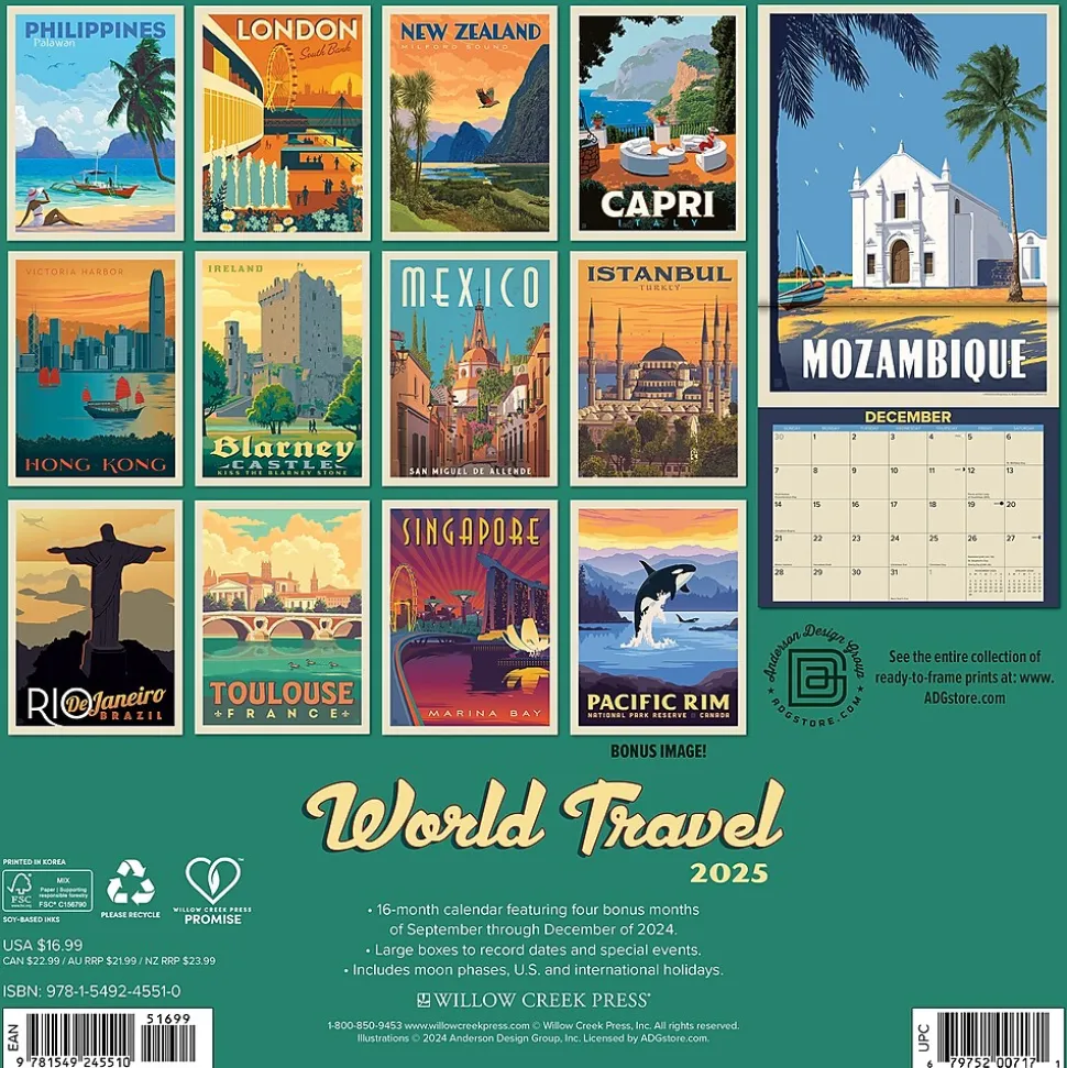 2025 Willow Creek World Travel Art Posters 12" x 12" Monthly Wall Calendar (45510)