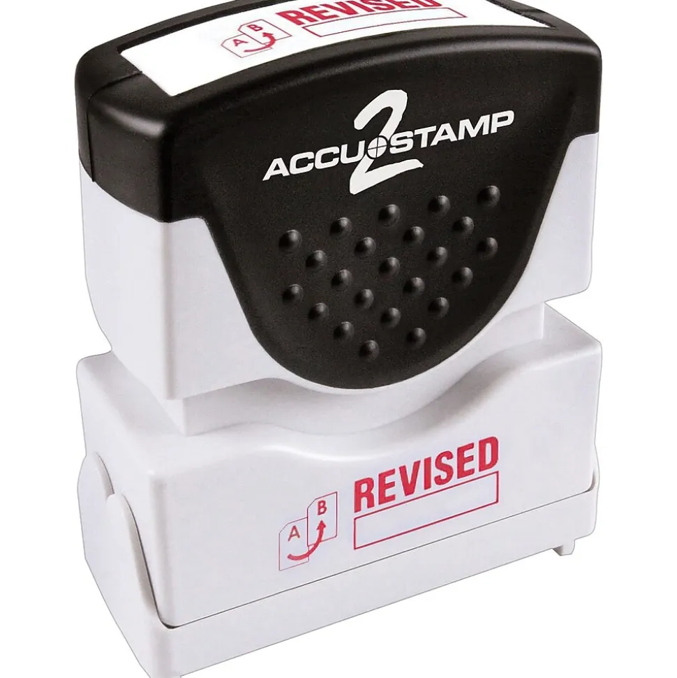 Accu-Stamp2 One-Color Pre-Inked Shutter Message Stamp, REVISED, 1/2" x 1-5/8" Impression, Red Ink (035587)