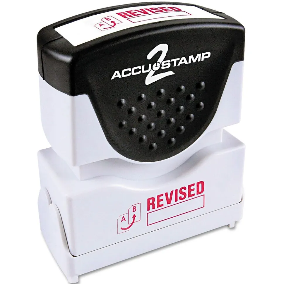 Accu-Stamp2 One-Color Pre-Inked Shutter Message Stamp, REVISED, 1/2" x 1-5/8" Impression, Red Ink (035587)