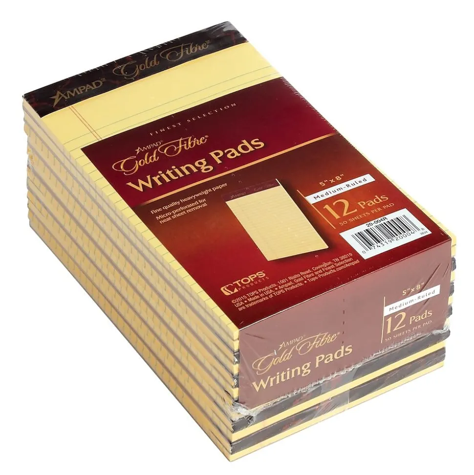 Ampad Gold Fibre Notepads, 5" x 8", College Ruled, Canary, 50 Sheets/Pad, 12 Pads/Pack (TOP 20-004R)