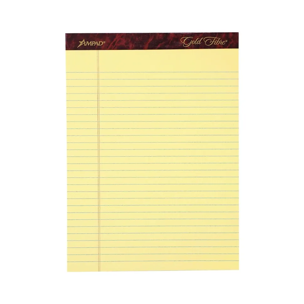 Ampad Gold Fibre Notepads, 8.5" x 11.75", Legal Rule, Canary, 50 Sheets/Pad, 12 Pads/Pk (TOP 20-020R)