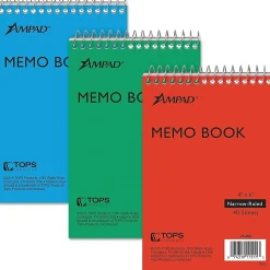 Ampad Memo Books, 4" x 6", Narrow Ruled, Assorted Colors, 40 Sheets/Pad, 3 Pads/Pack (AMP45094)