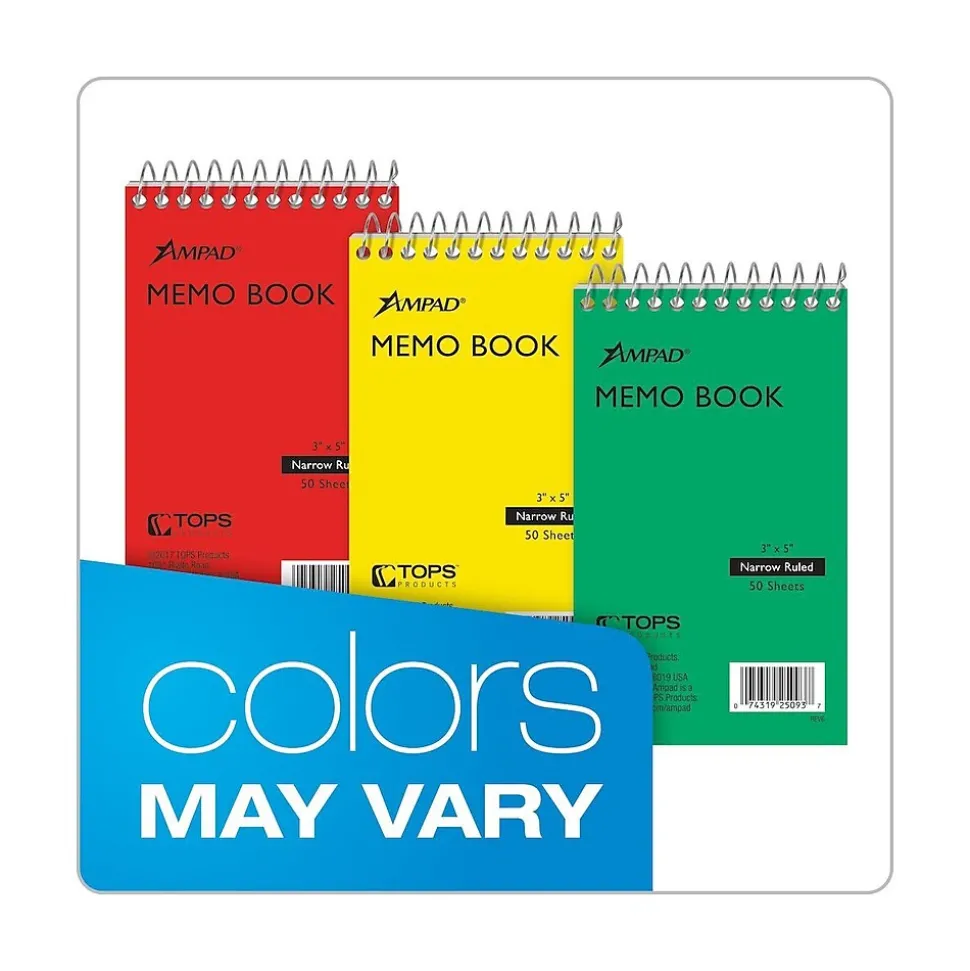 Ampad Memo Pads, 3" x 5", Narrow Ruled, 50 Sheets, Assorted Colors, Each (25-093)