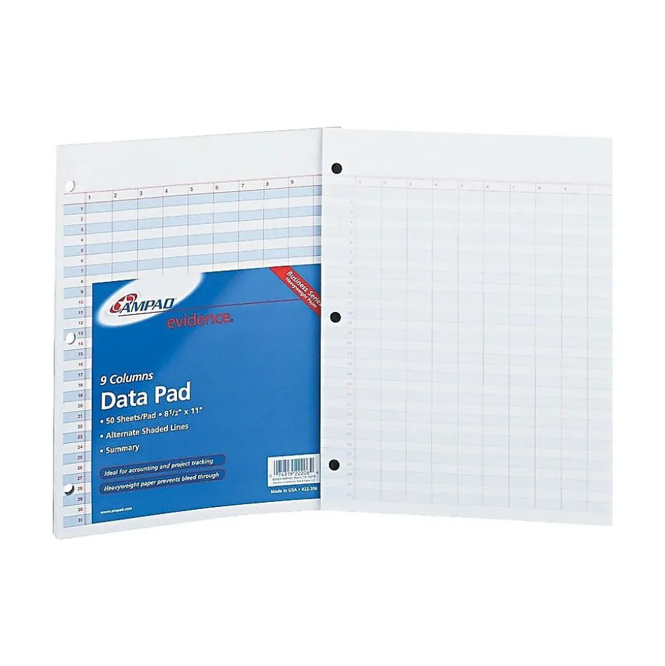 Ampad Notepad, 8.5" x 11", Data/Narrow Ruled, 9 Columns/31 Rows, White, 50 Sheets/Pad (TOP 22-206)