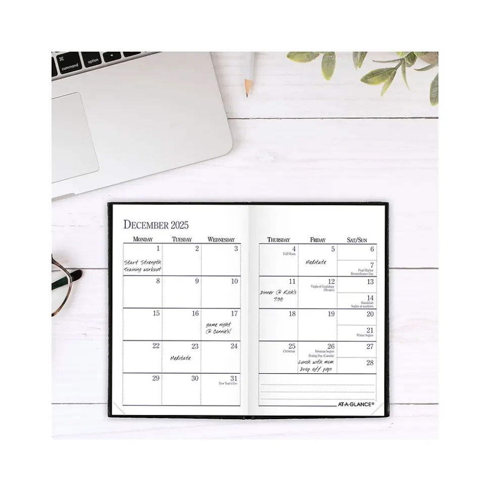 AT-A-GLANCE Fine Diary Pocket Hardcover 2025 Weekly and Monthly Diary, 2.75" x 4.25", Ruled, Black (72-01-05-25)