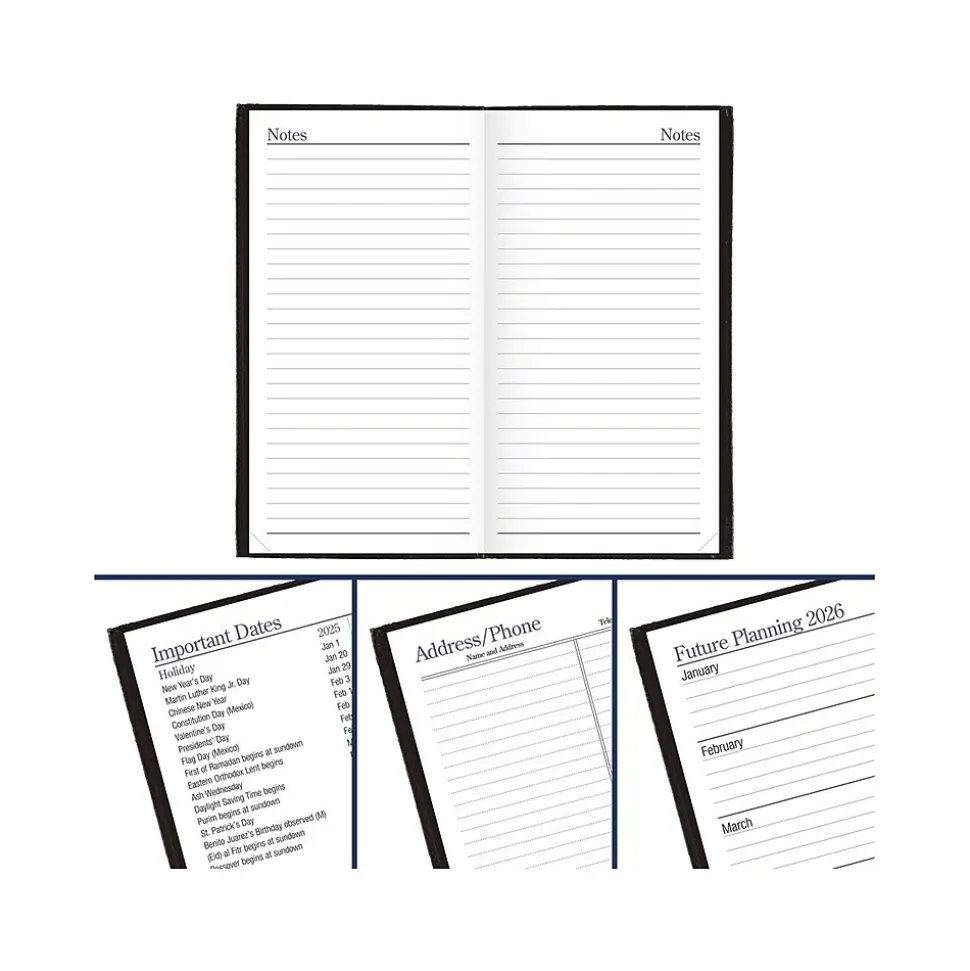 AT-A-GLANCE Fine Pocket Hardcover Diary, 3" x 6", Ruled, Black (72-02-05-25)