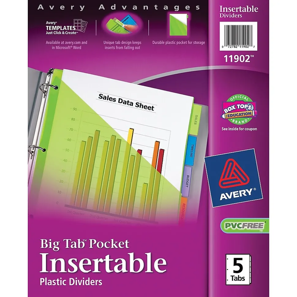 Avery Big Tab Insertable Plastic Dividers, 5 Tab, Multicolor, 24 Sets/Carton (11902)