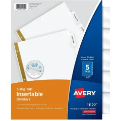 Avery Big Tab Insertable Paper Dividers, Clear 5 Tab, White (11122)