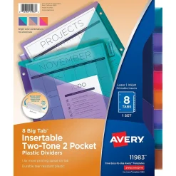 Avery Big Tab Insertable Plastic Dividers with 2 Pockets, 8 Tabs, Two-Tone Multicolor (11983)