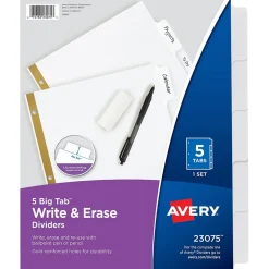 Avery Big Tab Write & Erase Paper Dividers, 5 Tabs, White, Gold Reinforced, 48 Sets/Carton (23075)