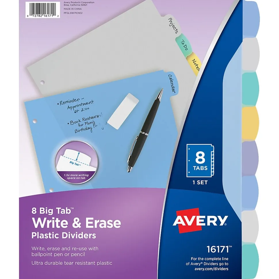 Avery Big Tab Write & Erase Plastic Divider, 8 Tabs, Multicolor, 1 Set (16171)