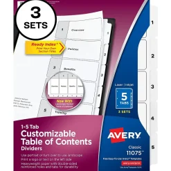 Avery Customizable Table of Contents Dividers, Ready Index Printable Section Titles, Preprinted 1-5 White Tabs, 3 Sets (11075)