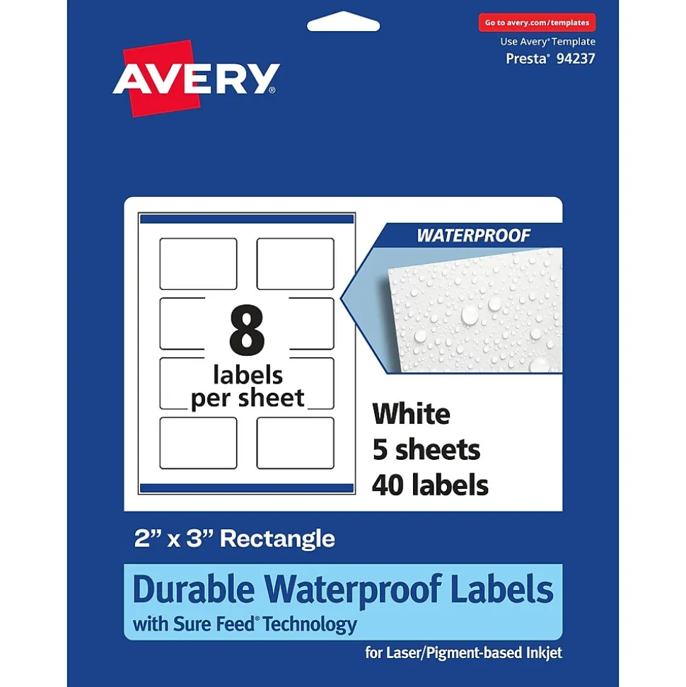 Avery Durable Waterproof Laser/Inkjet Rectangle Labels, 2" x 3", White, 40 Labels/Pack (36559)